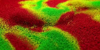 抽象背景与红、绿、黄浮动粒子与景深。带有许多粒子的波。数字技术。未来的波。现代时尚的横幅或海报设计。三维动画