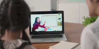 由于冠状病毒大流行，亚洲小女孩通过数字远程互联网会议从学校老师那里学习在线课程。孩子看电脑笔记本电脑屏幕与母亲的协助。