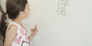 快乐的亚洲女孩在家庭教育期间在白板上写下数学科目的问题和答案，呆在家里的概念。