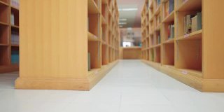 大学图书馆的书架上放着许多书。
