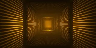 方形木制隧道与明亮的体积橙色闪烁灯。摘要科幻背景。走廊。未来的概念。在有百叶窗的房间里发光。前进。4K 3d动画