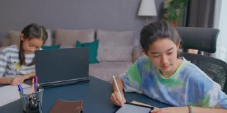 两妹在家自学视频在家在线上课。