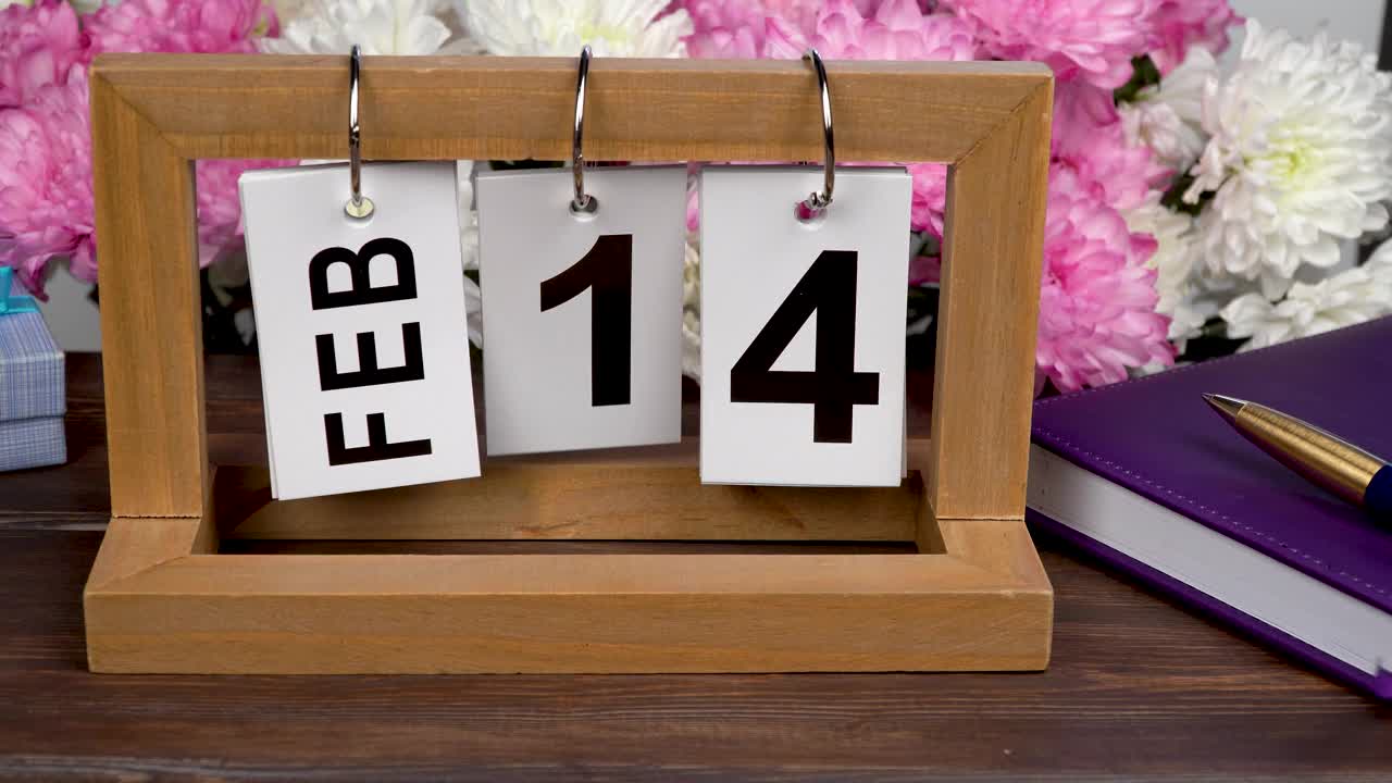 桌面日历与2月14日的日期和一束美丽的鲜花。精致的菊花情人节。手工木历，日期、月份和日期。为一天做计划。