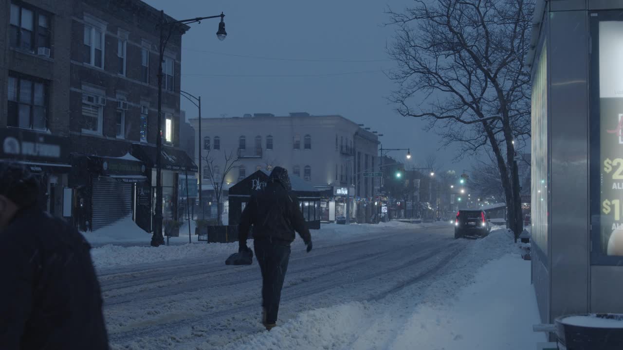暴风雪纽约冬季黄昏郊区阿斯托里亚