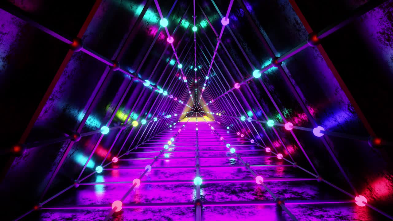 明亮的霓虹灯三角隧道与明亮闪烁的五颜六色的灯光在隧道。Loop VJ, Bloom, 4K