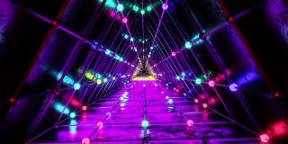 明亮的霓虹灯三角隧道与明亮闪烁的五颜六色的灯光在隧道。Loop VJ, Bloom, 4K
