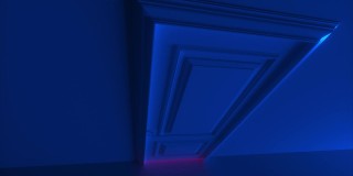 4K亮粉色鲜艳霓虹灯打开的门。房间打开了，明亮的彩色光线充满了空间。充满了黑暗的空间。3D渲染动画打开门