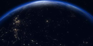 来自太空的行星地球。美丽的日出世界天际线。行星地球旋转动画。剪辑包含空间，行星，银河系，恒星，宇宙，海洋，地球，日落，地球。4 k 3 d渲染。图片来自美国宇航局
