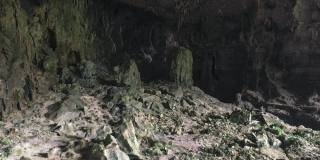 山洞里黑洞洞的，隐约可以看见一些钟乳石的轮廓