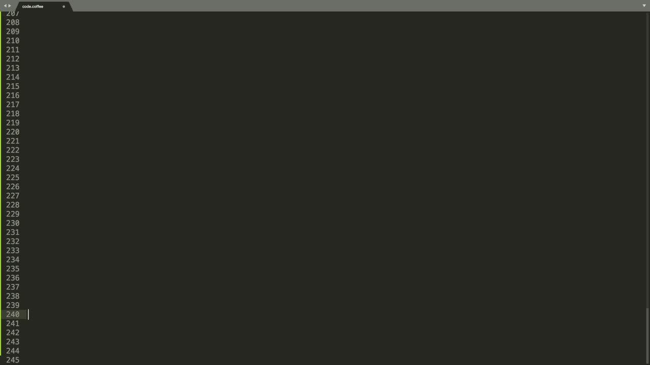 CoffeeScript编程语言源代码类型效果。CoffeeScript彩色命令编辑器屏幕。网络开发技术教育。棕色的背景。绿蓝红黄颜色代码高亮。3分04秒，16:9
