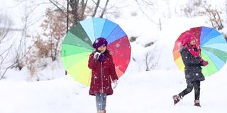 小女孩们在雪中行走