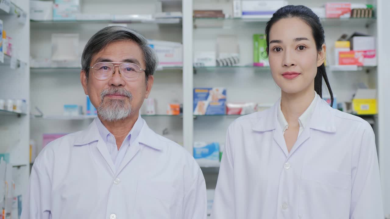 两名药剂师微笑着在药店摆姿势。