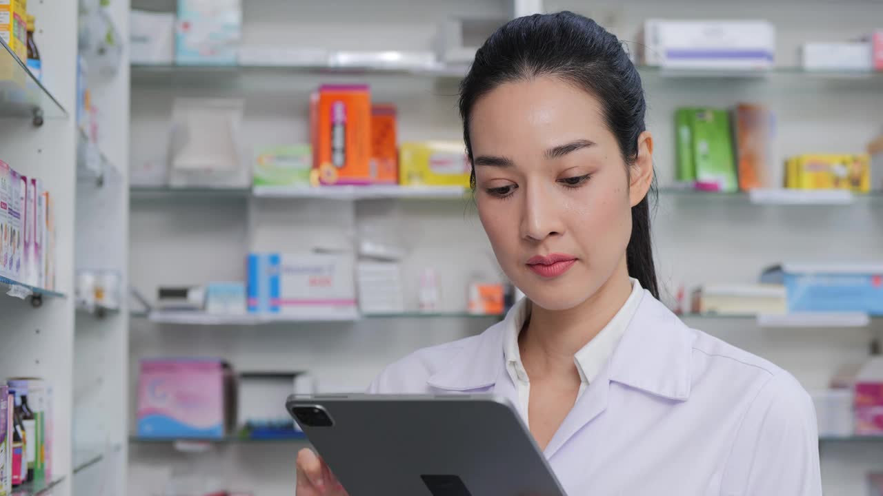 女医生在药店研究药品细节。她用平板电脑查找信息。