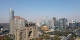 航拍浙江杭州钱塘江沿岸的城市风光和高楼大厦