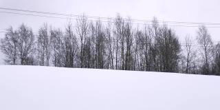 在冬天，通过移动的汽车的侧窗可以看到巨大的雪堆和树木