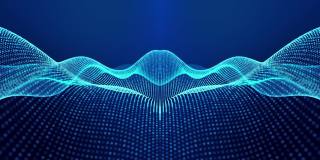 科幻抽象主题与粒子镜像波。4k环形抽象蓝色辉光粒子背景形成曲线，表面对称结构。带粒子全息图的数字bg。