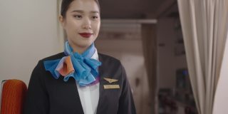 亚洲空乘人员微笑着看着镜头欢迎乘客