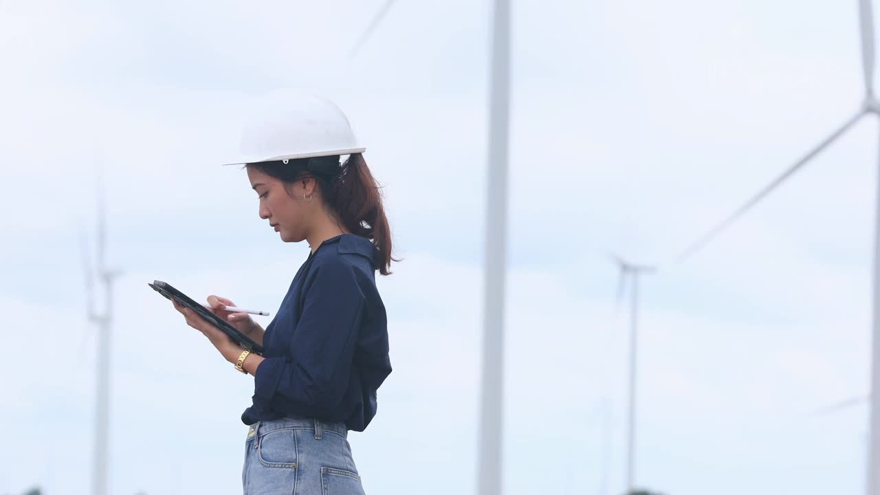 女性工程师使用平板电脑在风力涡轮机农场现场工作