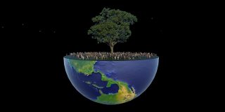 环境概念，人们被困在地球半球的老橡树下，阿尔法通道