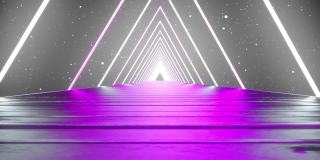 三维渲染，抽象的背景，虚拟现实，电脑生成荧光紫外线，发光的霓虹灯线，一个三角形隧道与直线平滑的道路