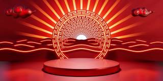3d运动循环的中国新年庆祝产品背景与台面上的红色主题背景。