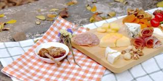 什锦奶酪和熟食拼盘，包括Camembert，蓝色和豪达，腌肉，干果和坚果在热带花园的背景。