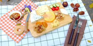 什锦奶酪和熟食拼盘组成的Camembert，蓝色和豪达，混合干果，坚果在热带花园的背景。