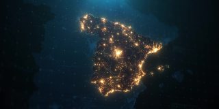 西班牙城市灯光照明的夜晚地图