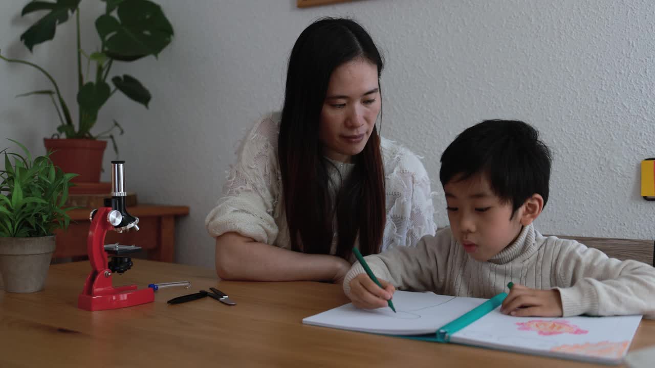 亚洲保姆在家看小孩子画画-年轻妇女和孩子在家上学