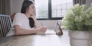 年轻的亚洲女性通过平板电脑观看在线教育课程，新常态的远程学习，自学家庭学校，批判性思维，问题，集中学习注意力复习考试