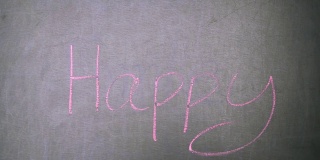一个女人拿着粉笔在黑板上写“幸福”的特写。