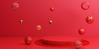 春节，金色讲台，红色抽象背景，几何造型，窗帘产品简约呈现，3d动画循环