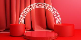 春节，金色讲台，红色抽象背景，几何造型，窗帘产品简约呈现，3d动画循环