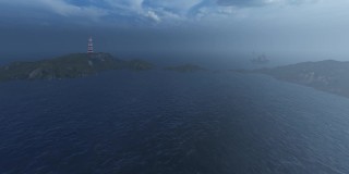 在雾蒙蒙的天气里，一艘小船驶近一座有灯塔的岛屿