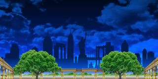 音乐会背景以金色的柱廊和树木为背景，映衬着纽约地标的轮廓。动画城市环境的展示。