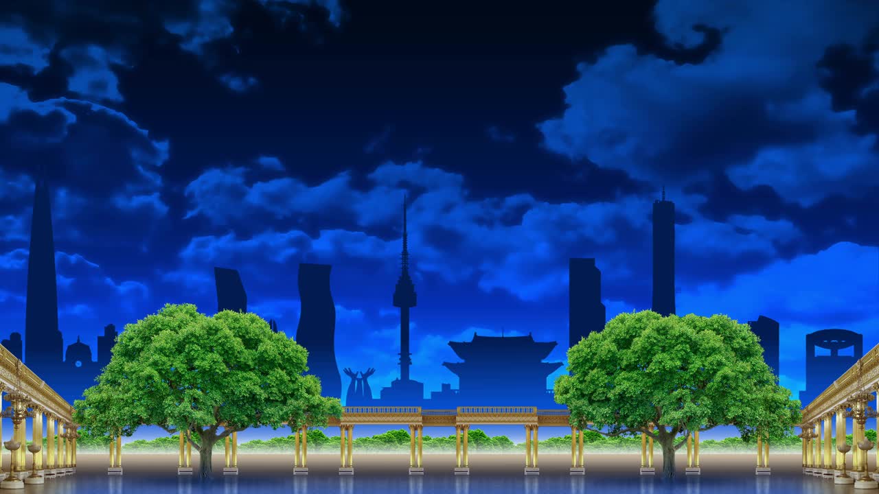 音乐会的背景是金色的柱廊和树木，以首尔的地标为背景。动画城市环境的展示。