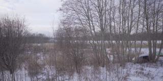 在一个多雪的冬天沿着高加河的河岸散步