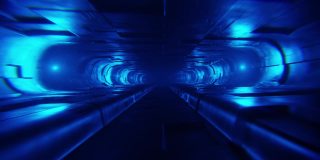 穿越蓝色的未来主义隧道，荧光紫外线灯，现代彩色照明，4K动画股票视频