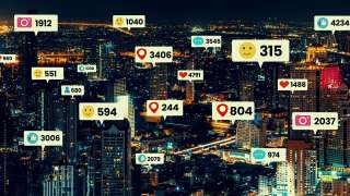 社交媒体图标飞过市中心，显示人们的参与联系视频素材模板下载