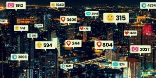 社交媒体图标飞过市中心，显示人们的参与联系
