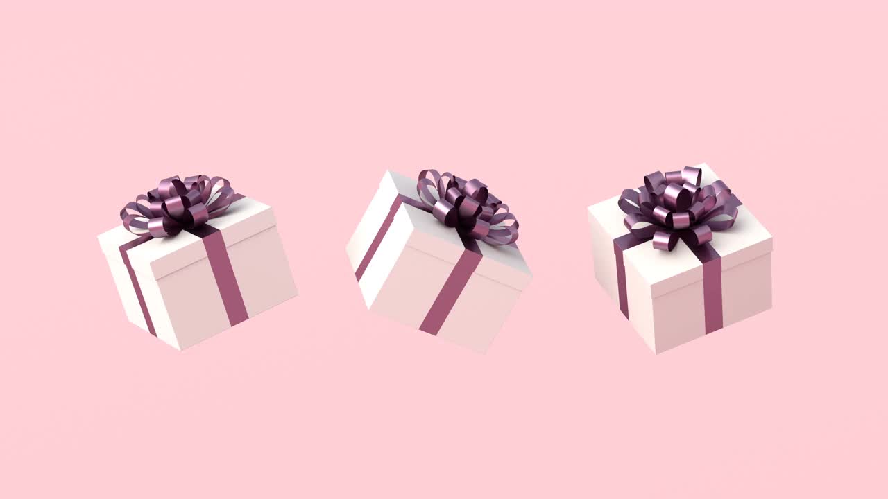 白色礼品盒与紫色丝带，粉红色的背景
