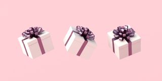 白色礼品盒与紫色丝带，粉红色的背景