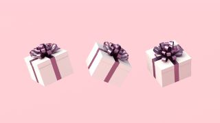 白色礼品盒与紫色丝带，粉红色的背景视频素材模板下载