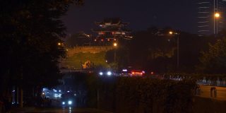 夜间长沙市区交通街道古塔建筑山顶全景4k中国