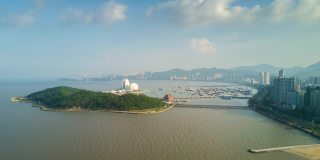 中国艳阳天珠海湾著名歌剧院岛航拍全景4k时间推移