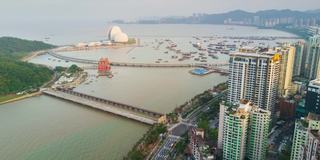 中国黄昏日落时间珠海湾著名歌剧院航拍全景4k时间流逝