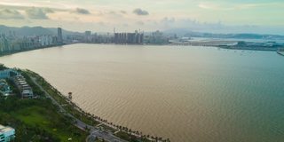 中国黄昏日落珠海著名海湾澳门航拍全景4k时间流逝