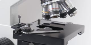 在无菌明亮的实验室里，一台现代显微镜分析细胞样本