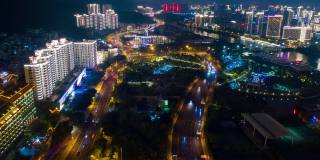 夜景三亚林春江交通街道航拍，时间跨度为4k中国