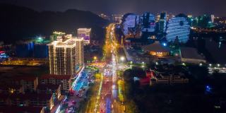 夜景三亚交通大街著名酒店航拍，延时4k中国